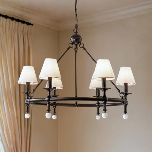 6 Light W34 Inch Matte Black Statement Chandelier with White Pleated Fabric Shades and Alabaster Finials Large Round Designer Lighting for Dining Room Living Room