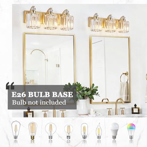 3 Lights Brushed Brass Bathroom Light Fixture Gold Vanity Lights Modern Crystal Bathroom Vanity Lighting Over Mirror Wall Sconce with K9 Crystal Shade E26 Base for Living Room