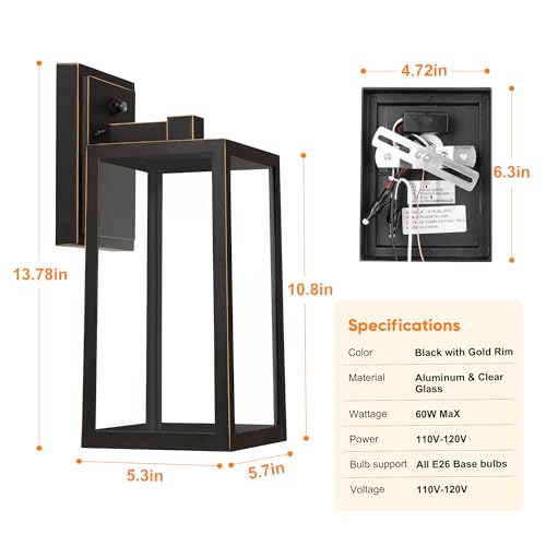 Black Exterior Light Fixtures Wall Mount with Gold Rim (2 Count)