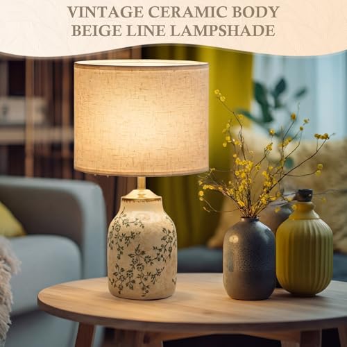 1 Pcs 21" Vintage Green Ceramic Lamp with Beige Linen Shade