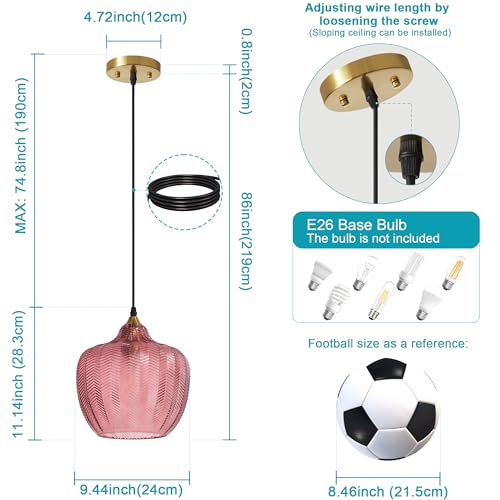 Pink Glass Pendant Lights Kitchen Island Gold Hanging Ceiling Light 9.45"