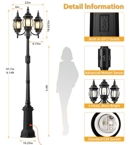 97" 3 Head Motion Sensor Outdoor Post Lights with GFCI Outlet