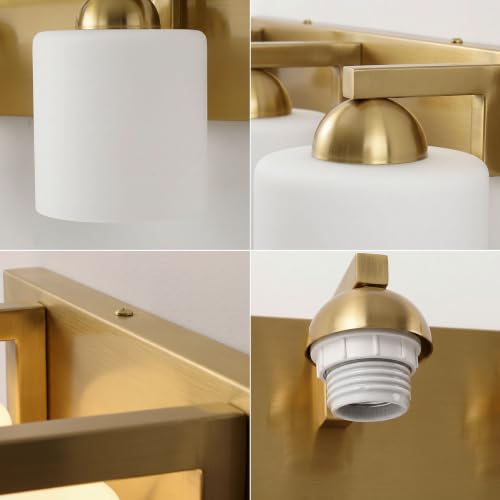 3 Light Brushed Gold Bathroom Vanity Light with White Glass Shades