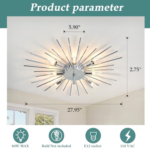 Semi Flush Mount 8 Light Ceiling Light Modern Metal Ceiling Lighting Chrome Light Fixture Chandelier for Farmhouse Kitchen Dining Room Bedroom Hallway Living Room