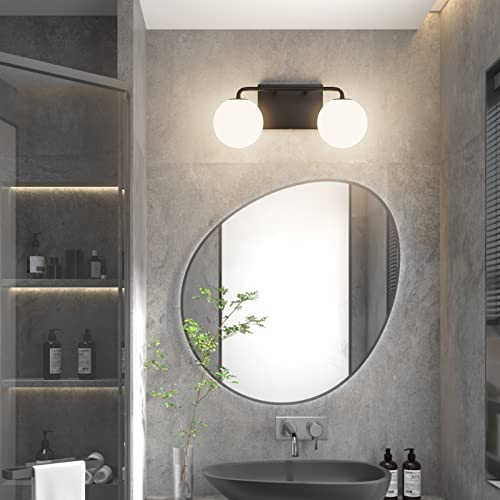 2 Lights Mid Century Vintage Bathroom Vanity Light Fixtures Over Mirror Black Industrial Vanity Lights with Milk White Glass Globe Farmhouse Bath Lighting