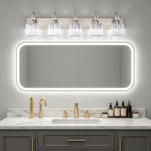 Brushed Nickel Bathroom Vanity Light Crystal Modern 5 Light Bathroom Wall Lighting Fixtures Over Mirror