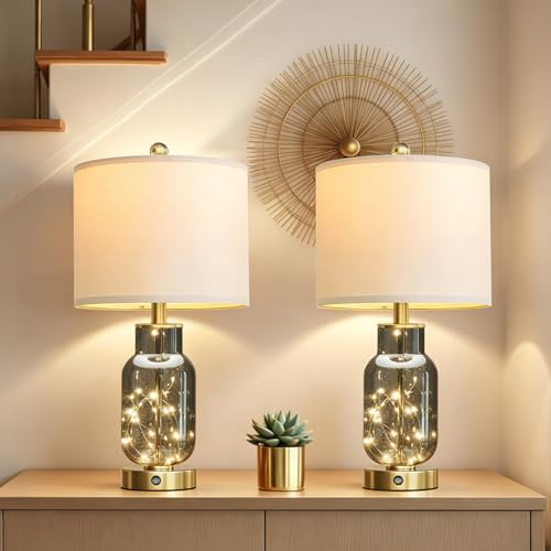 22" Glass Table Lamps Set of 2 with LED Nightlight for Bedroom (2 Count)