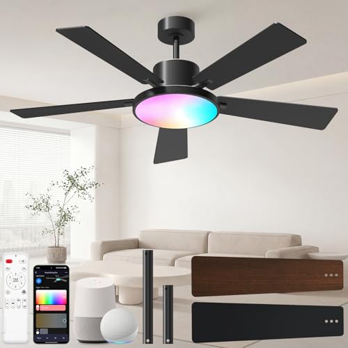 52" Smart Ceiling Fans with Lights and Remote (Black +Walnut / 52 Inch)