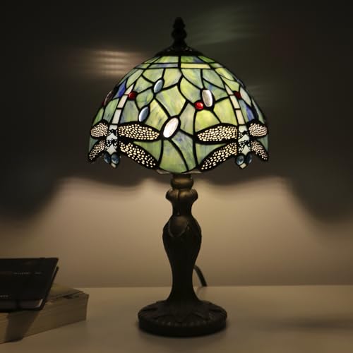 Tiffany Table Lamp Dragonfly Style Sea Blue Stained Glass Accent Lamp Bronze Resin Base 8X8X14 Inch