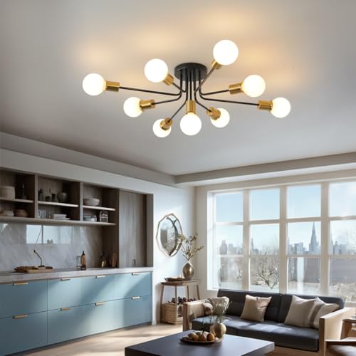 9 Lights Semi Flush Mount Ceiling Light Fixture Black and Gold