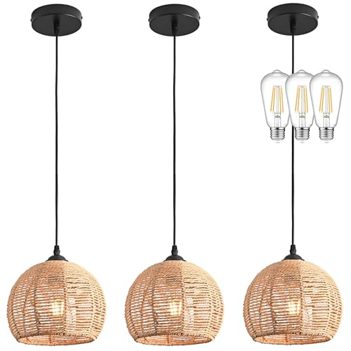 3 Pack Wicker Pendant Light Natural Woven Pendant Light Boho Chandelier Light Fixture Dome Rustic Farmhouse Pendant Lights Rattan Light Fixture for Dining Room Kitchen Island (3 Count)