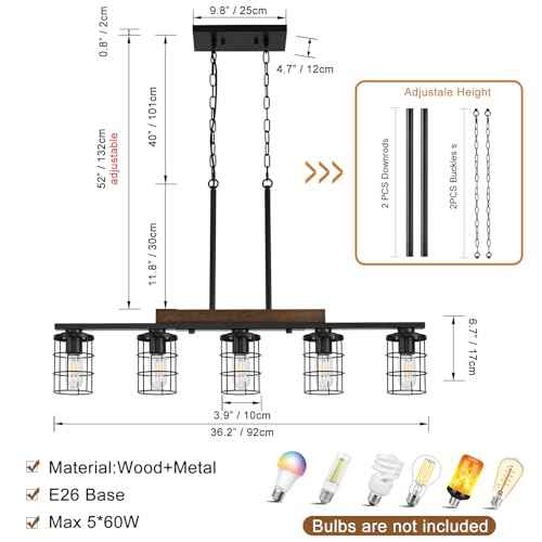 36" Farmhouse Kitchen Light Fixture, Black Hanging Kitchen Chandelier, 5-Light Rustic Dining Room Light Adjustable Height with Wood and Metal Frame, Suit for Farmhouse, Industrial Style