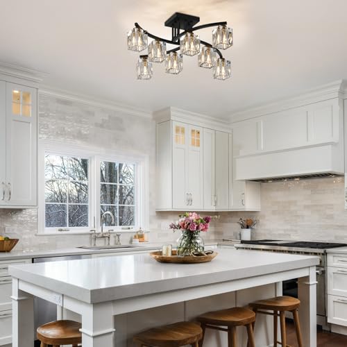8 Light Modern Sputnik Ceiling Light Fixture Farmhouse Crystal Semi Flush Mount Ceiling Light Black and Gold Chandeliers for Dining Room Living Room Kitchen Island Bedroom Entryway