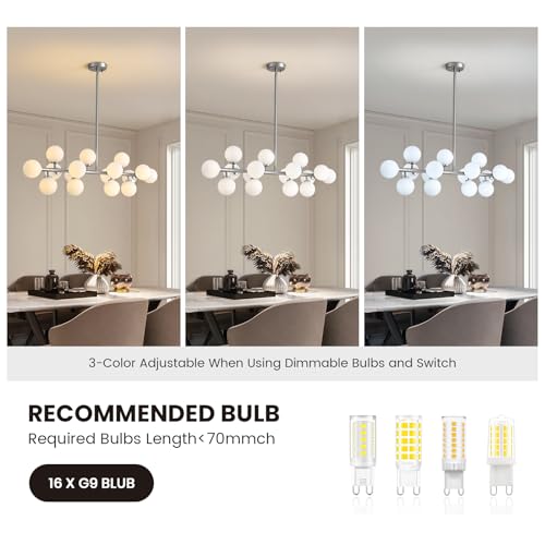 39'' Brushed Nickel and Milky White Mid Century Modern Pendant Lights Dimmable Glass Globe Sputnik Chandelier 16 Lights Linear Chandelier Light Fixtures for Kitchen Island Dining Room