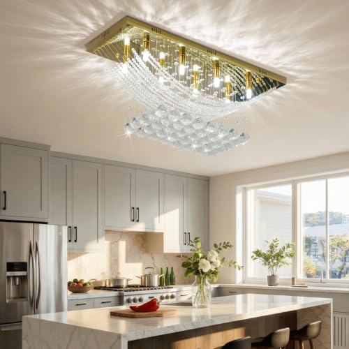 Modern Chandelier Crystal Chandelier Flush Mount Chandelier Gold Rectangle Crystal Raindrop Chandelier 8 Lights Ceiling Light Fixture Pendant Lamp for Kitchen Island Dining Room Closet Wedding Decor