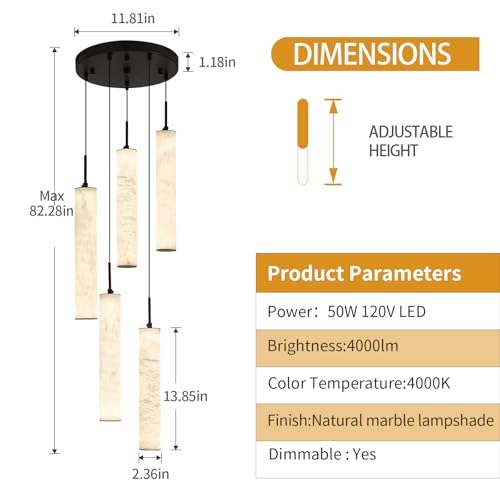 Natural Alabaster Pendant Lights for Kitchen Island White Marble Long Tube Chandelier 4000K Modern Black Ceiling Light Fixtures for Bedroom Dining Room Table Living Room Hallway