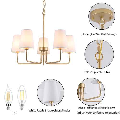 AMZASA Farmhouse Chandelier, 5-Lights Visual Comfort Gold Light, Muted Gold with White Fabric Shade, Linear Island Lighting Fixture for Kitchen, Dining Room