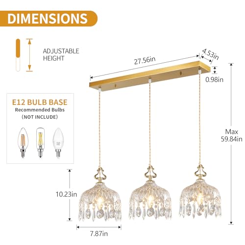 3 Light Pendant Light Fixtures Brass Vintage Glass Pendant Lights Crystal Hanging Light Fixtures (3 Count)