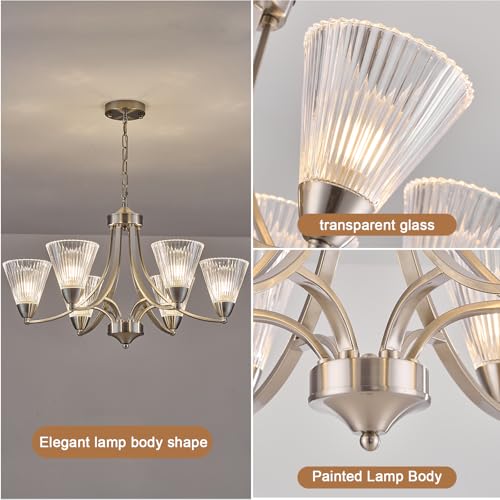 6 Light Brushed Nickel Dining Room Chandelier, Adjustable Farmhouse Chandelier with Frosted Glass Shades, Dimmable Modern Rustic Hanging Light for Kitchen Island, Living Room, Sloped Ceiling, Foyer