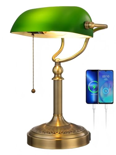 Green Glass Bankers Desk Lamp with USB Fast Charging Port