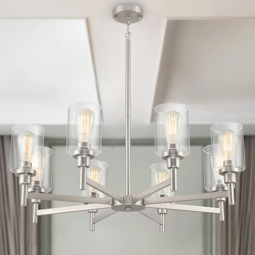 8 Light Farmhouse Brushed Nickel Chandeliers for Dining Room Light Fixture