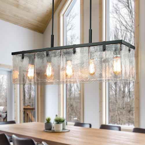 Modern Textured Glass Chandeliers for Dining Room, 37" Rectangular Island Light Fixture, Rectangle Farmhouse Lighting for Kitchen Island, Living Room, L37 x W9.8 x H9.5