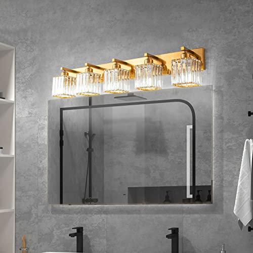 Modern 5 Light Gold Brushed Brass Finish Crystal Wall Light for Bathroom Vanity