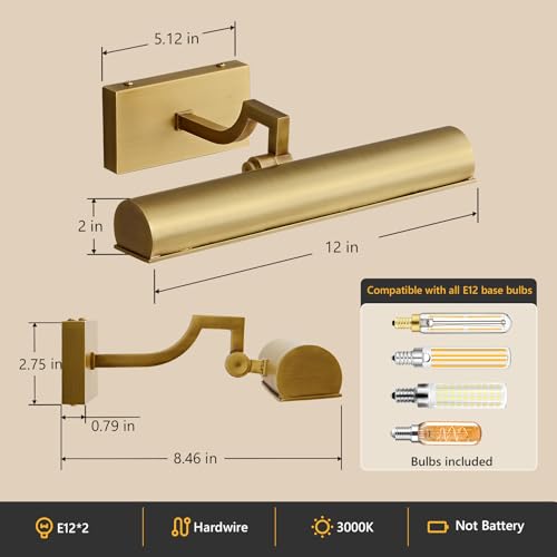 12 inch Hardwired Picture Light for Wall Brass Picture Light Wired