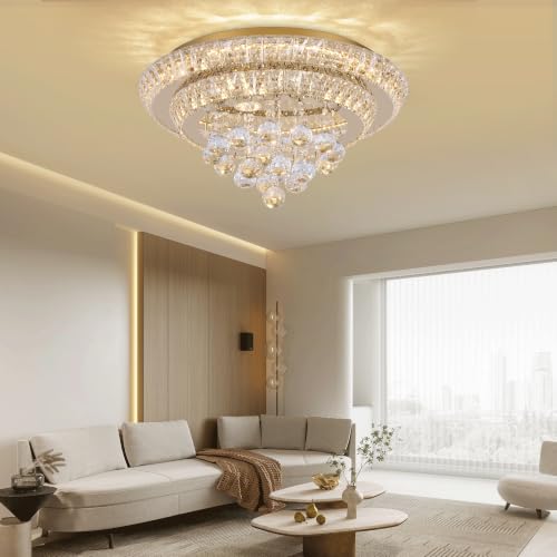 18" Gold Crystal Flush Mount Chandelier Modern LED Ceiling Light Fixture