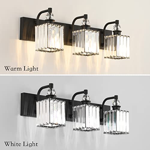 Crystal Black Vanity Light for Bathroom 3 Light 24''Modern Matte Black Bathroom Vanity Lighting Fixtures Over Mirror
