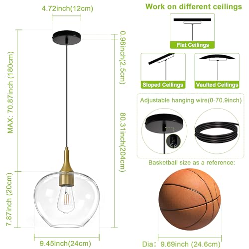 9.45in Black Gold Pendant Lights Kitchen Island with Clear Glass Shade 1PC