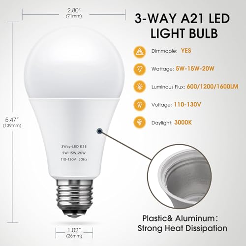 3 Way LED Light Bulbs 50 100 150W Equivalent A21 Soft White 3000K (2 Count)
