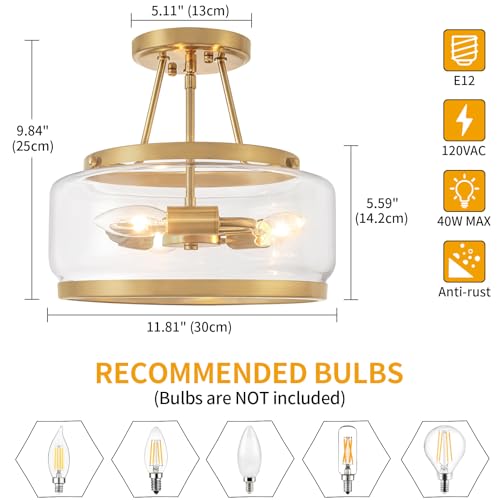 Brushed Gold Semi Flush Mount Ceiling Light Modern Glass Light Fixtures
