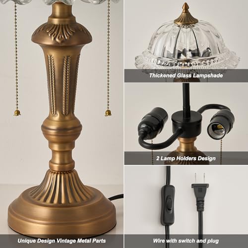 Glass Shade Table Lamp Vintage Brass Metal Desk Lamp 2 Lights Table Light with Plug Switch for Bedroom Living Room Home Office