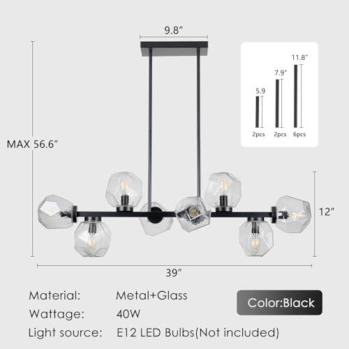 Modern Linear Chandeliers 8 Light Clear Glass Dining Room Light Fixture 39"" Black Mid Century Chandelier Pendant Light for Living Room Kitchen Island