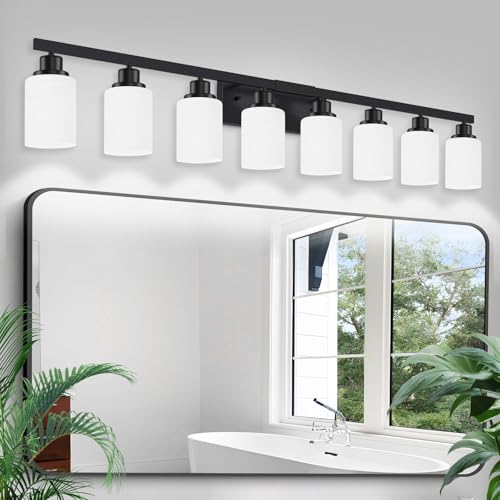 8 Light Bathroom Light Fixtures Over Mirror Black Vanity Light 52in (8 Count)