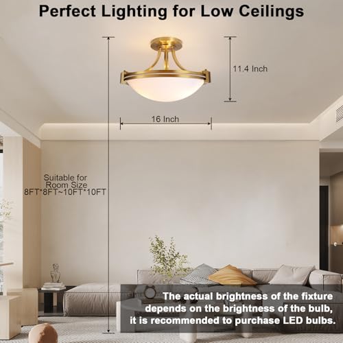 Modern Semi Flush Mount Ceiling Light Fixture 16 inch Gold Traditional Fixture with Milk Glass for Bedroom Kitchen Bathroom Hallway Foyer Living Room Entryway Brass ETL Listed