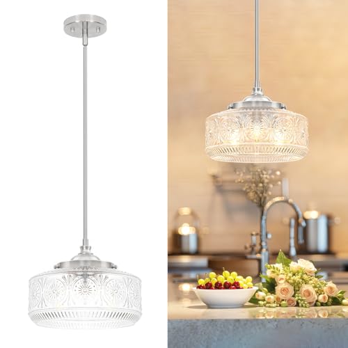 Brushed Nickel 3 Light Pendant Light for Kitchen Island with Etched Glass
