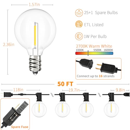 Outdoor String Lights LED 50 FT G40 26 Bulbs Waterproof for Patio (50 Foot)