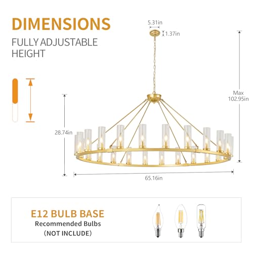 24 Light Large Wagon Wheel Chandelier with Clear Glass Shade Gold Round Pendant Light Farmhouse Industrial Chandeliers Dining Room Light Fixture for Stair Living Room Foyer Kitchen