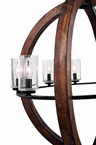 Grand Bank 30" 8 Light Chandelier with Clear Seeded Glass in Auburn Stained Wood and Distressed Black Metal