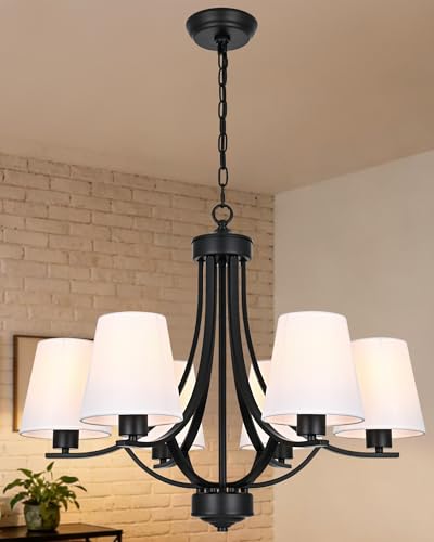 Farmhouse Chandeliers 6 Light Black Contemporary Pendant Lighting Rustic Dining Room Lighting Fixtures Hanging with White Fabric Shade