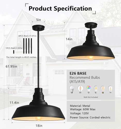18" Large Black Farmhouse Pendant Light
