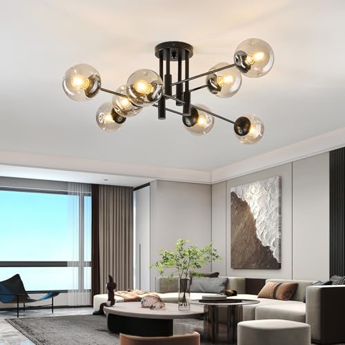 8 Light Sputnik Chandelier with Glass Globe Mid Century Modern Black Ceiling Light Fixture Large Flush Mount Chandelier for Dining Room Bedroom Living Room Kitchen