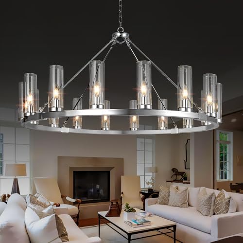 16 Light Large Wagon Wheel Chandelier with Clear Glass Shade Chrome Round Pendant Light Farmhouse Industrial Chandeliers Dining Room Light Fixture for Stair Living Room Foyer Kitchen