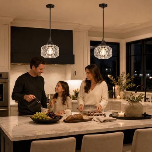 DSMJFU Black Pendant Lights Kitchen Island with Hammered Glass Over Table