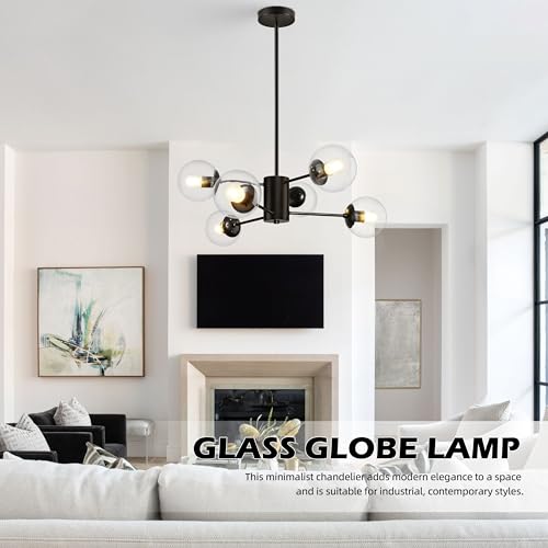 6 Light Globe Sputnik Chandelier Modern Black Sputnik Chandelier Mid Century Pendant Light Matte Black Finished with Clear Globe Glass Lampshade Chandeliers for Dining Room Kitchen
