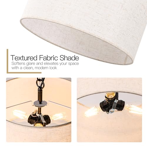 3 Light Plug in Pendant Light with Linen Drum Shade