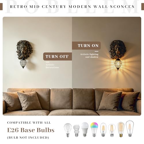 Retro Mid Century Modern Wall Sconces with Clear Crystal Shade Lion Head Decor 17.7" Large Black Wall Lights Fixtures for Living Room Bedroom Bedside Stairs Bathroom