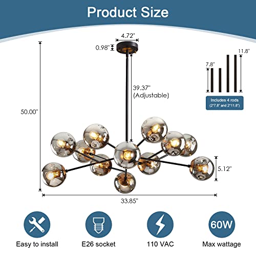 12 Light Mid Century Modern Black and Gold Glass Globe Sputnik Chandelier